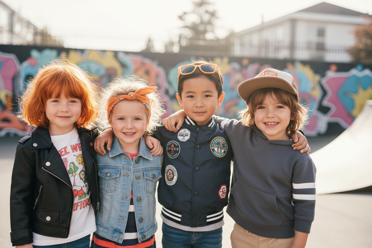 4 cool kids gang close up shot, 2 girls-2 boys aged 3-4-5. red hair, blonde, chinese and brown hair one
